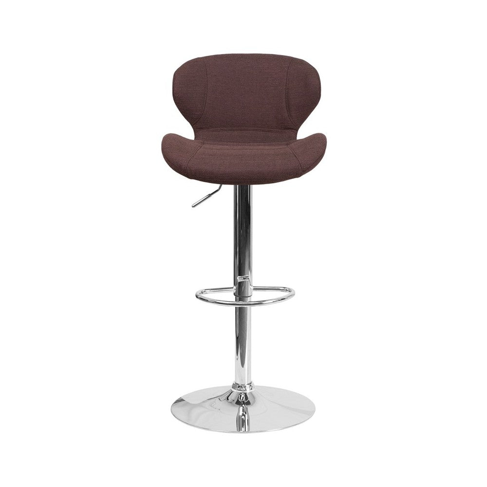 Contemporary Brown Fabric Adjustable Height Barstool with Curved Back and Chrome Base