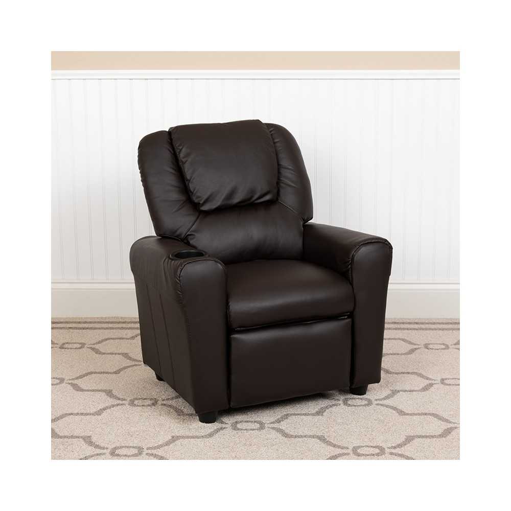 Contemporary Brown LeatherSoft Kids Recliner with Cup Holder and Headrest
