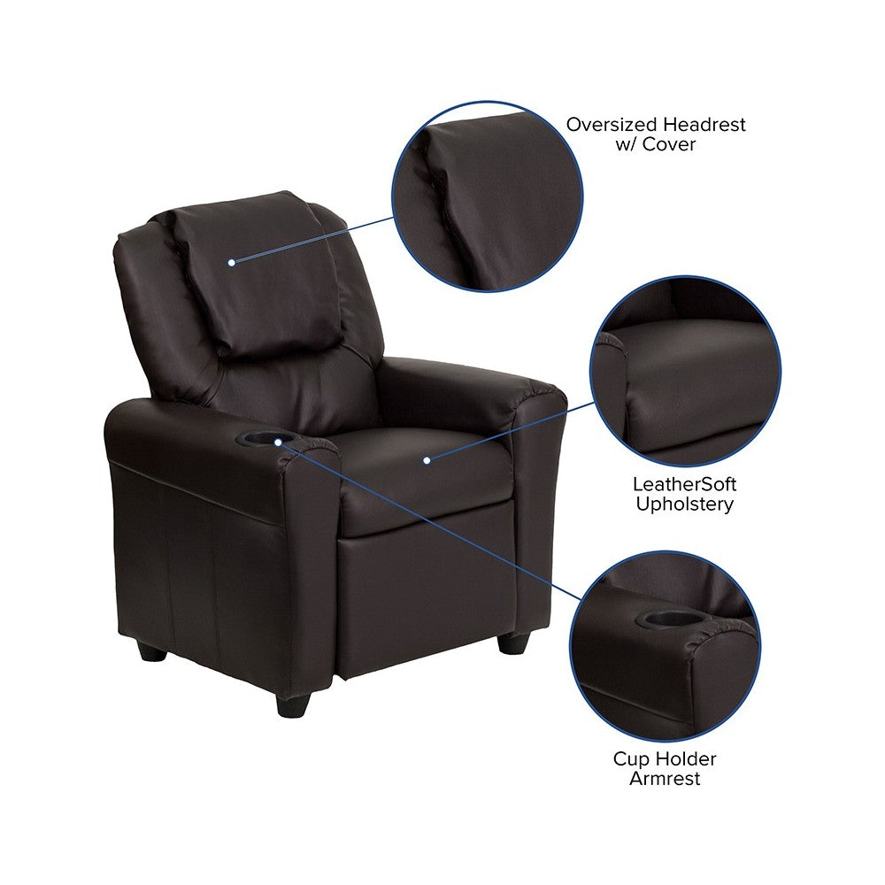 Contemporary Brown LeatherSoft Kids Recliner with Cup Holder and Headrest