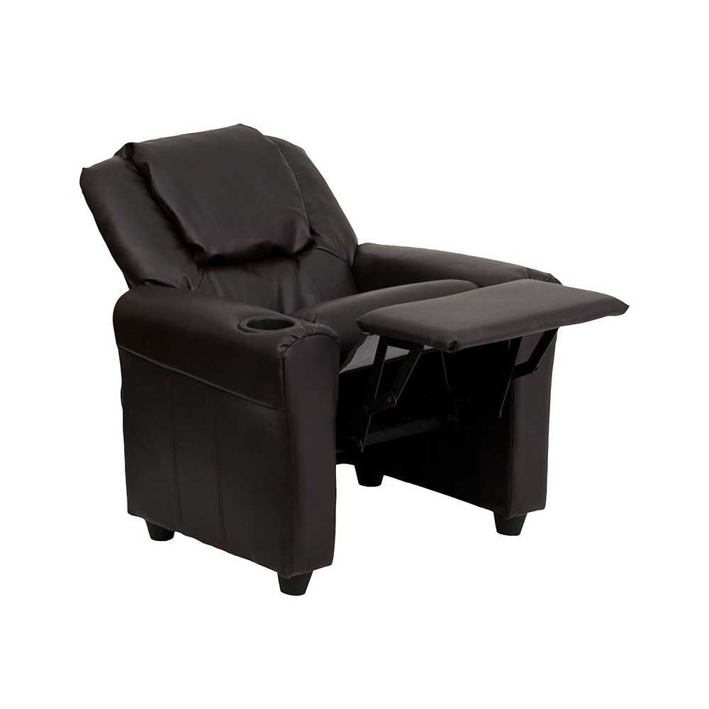 Contemporary Brown LeatherSoft Kids Recliner with Cup Holder and Headrest