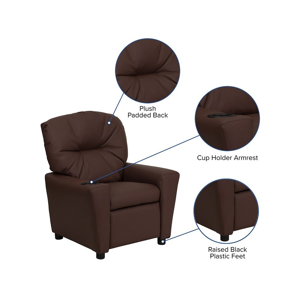 Contemporary Brown LeatherSoft Kids Recliner with Cup Holder