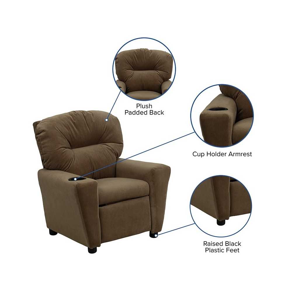 Contemporary Brown Microfiber Kids Recliner with Cup Holder