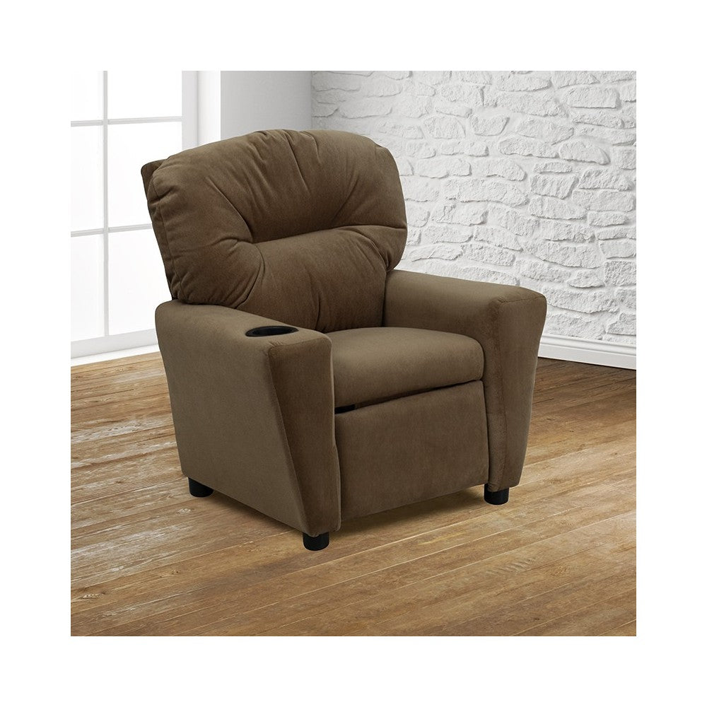 Contemporary Brown Microfiber Kids Recliner with Cup Holder