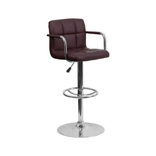 Contemporary Brown Quilted Vinyl Adjustable Height Barstool with Arms and Chrome Base