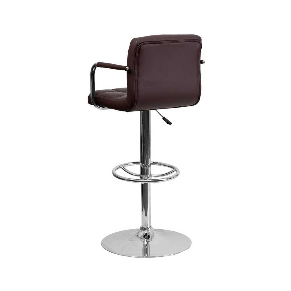 Contemporary Brown Quilted Vinyl Adjustable Height Barstool with Arms and Chrome Base