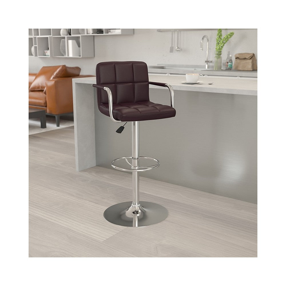 Contemporary Brown Quilted Vinyl Adjustable Height Barstool with Arms and Chrome Base