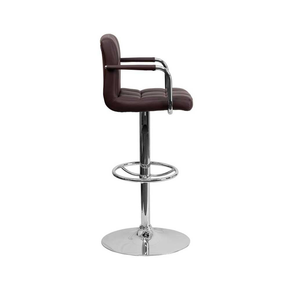 Contemporary Brown Quilted Vinyl Adjustable Height Barstool with Arms and Chrome Base