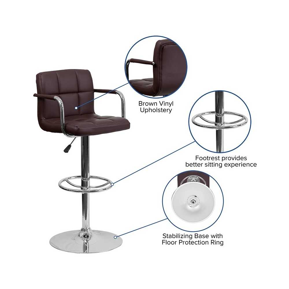 Contemporary Brown Quilted Vinyl Adjustable Height Barstool with Arms and Chrome Base