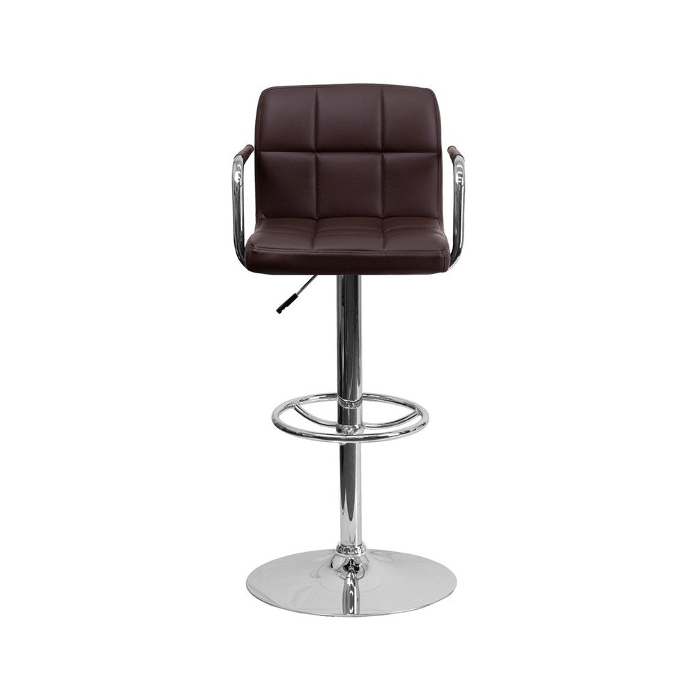 Contemporary Brown Quilted Vinyl Adjustable Height Barstool with Arms and Chrome Base