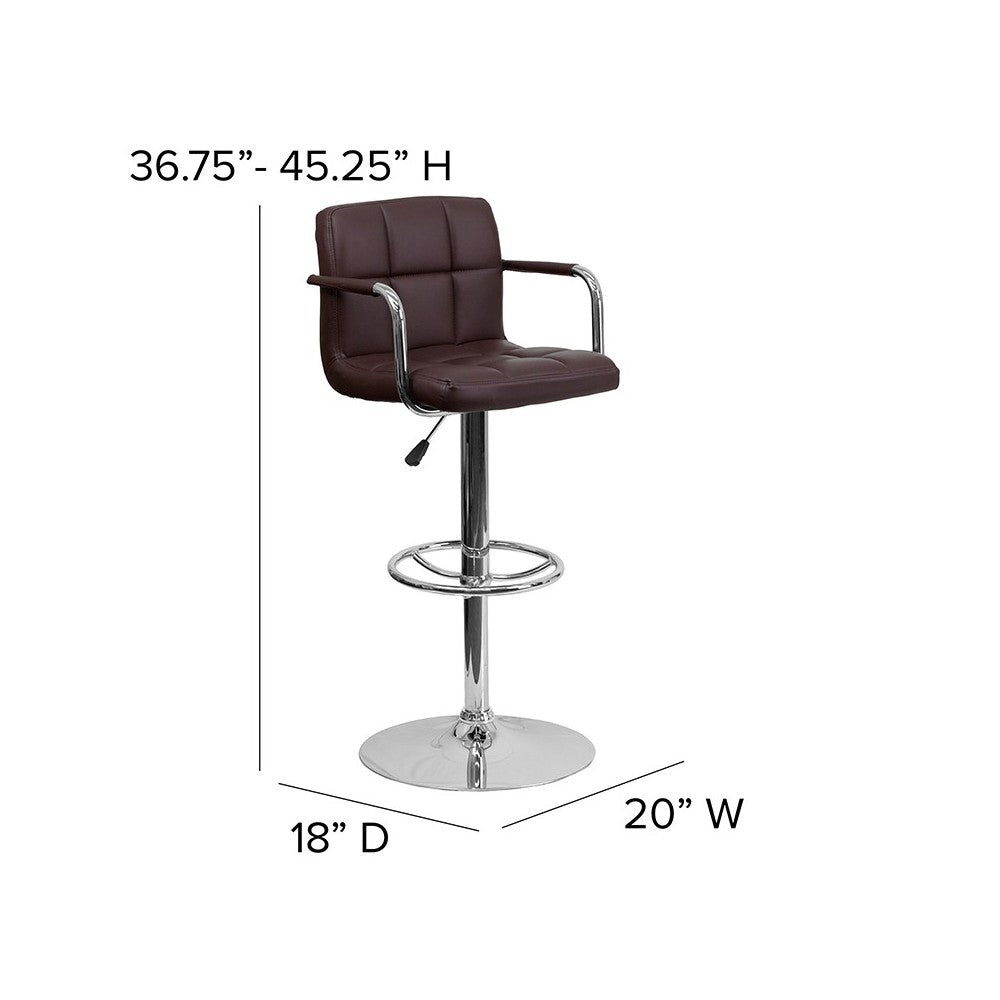 Contemporary Brown Quilted Vinyl Adjustable Height Barstool with Arms and Chrome Base