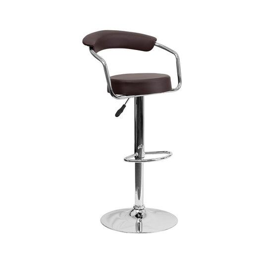 Contemporary Brown Vinyl Adjustable Height Barstool with Arms and Chrome Base