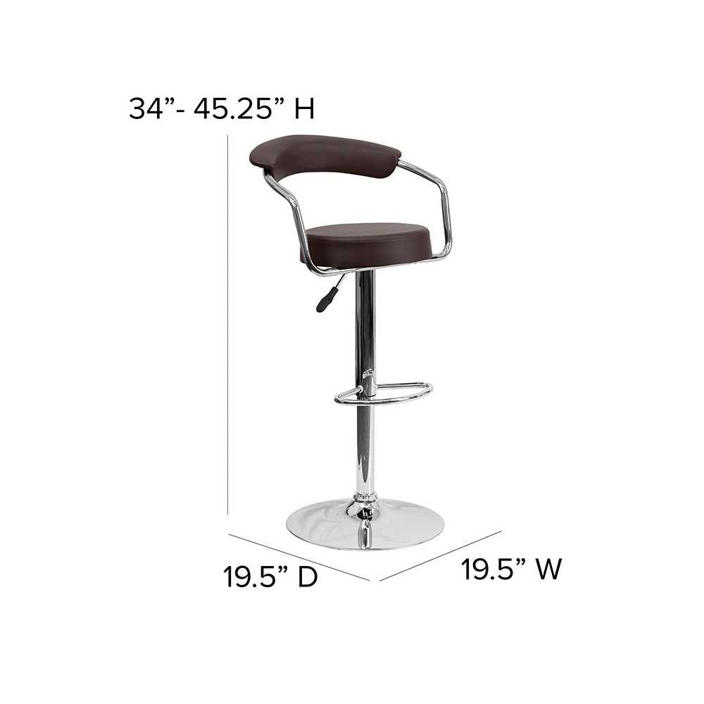 Contemporary Brown Vinyl Adjustable Height Barstool with Arms and Chrome Base