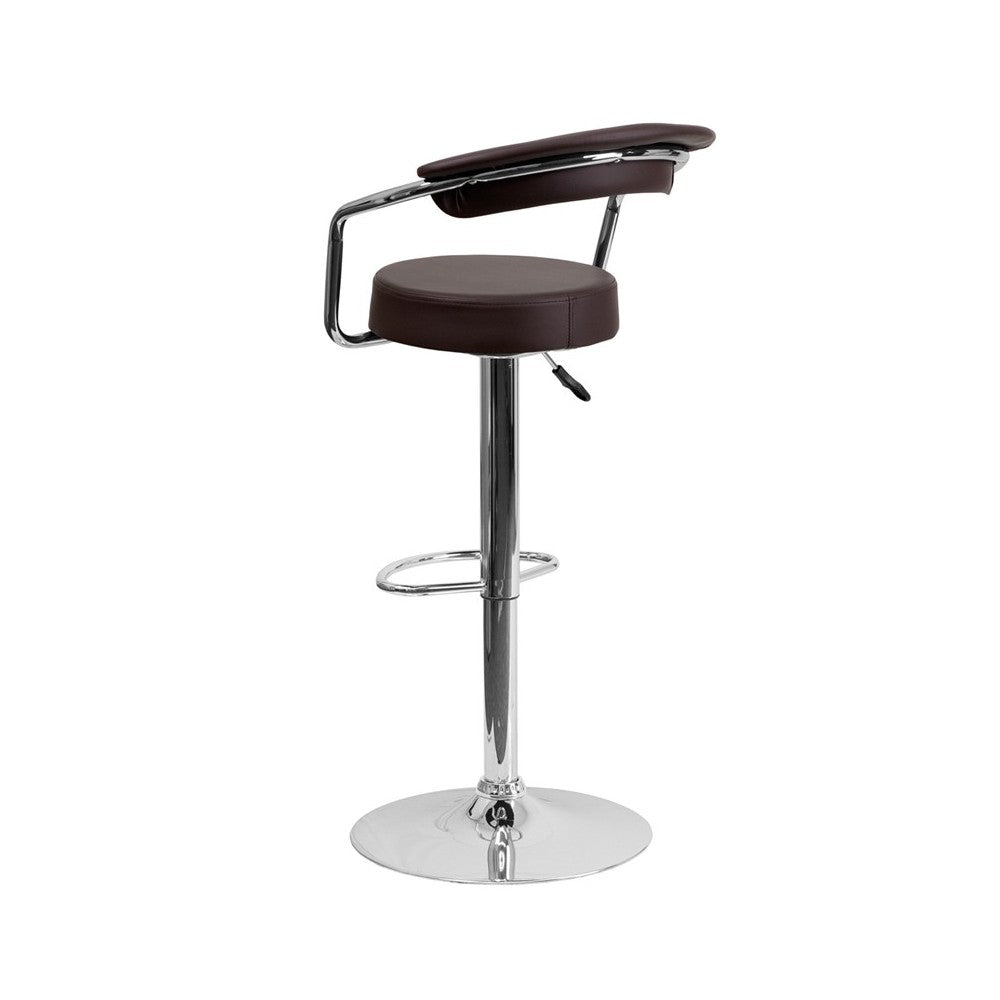 Contemporary Brown Vinyl Adjustable Height Barstool with Arms and Chrome Base