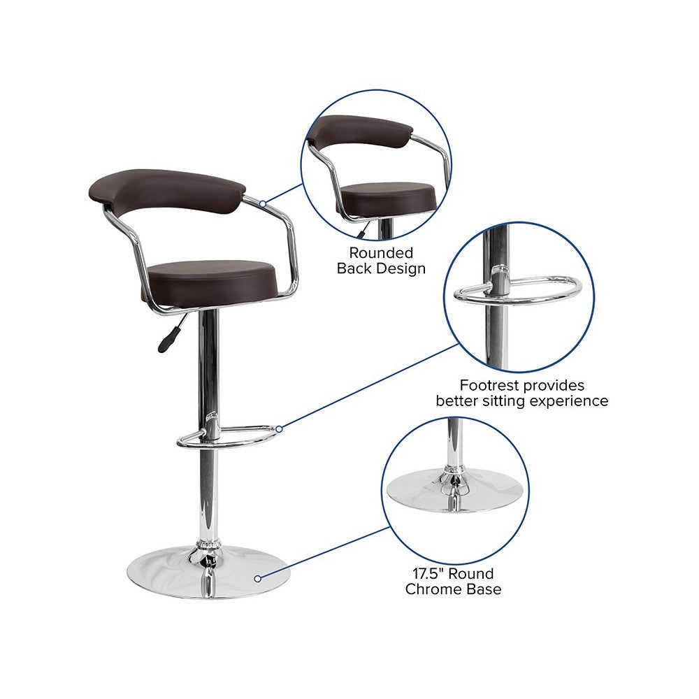 Contemporary Brown Vinyl Adjustable Height Barstool with Arms and Chrome Base