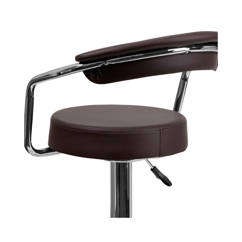 Contemporary Brown Vinyl Adjustable Height Barstool with Arms and Chrome Base