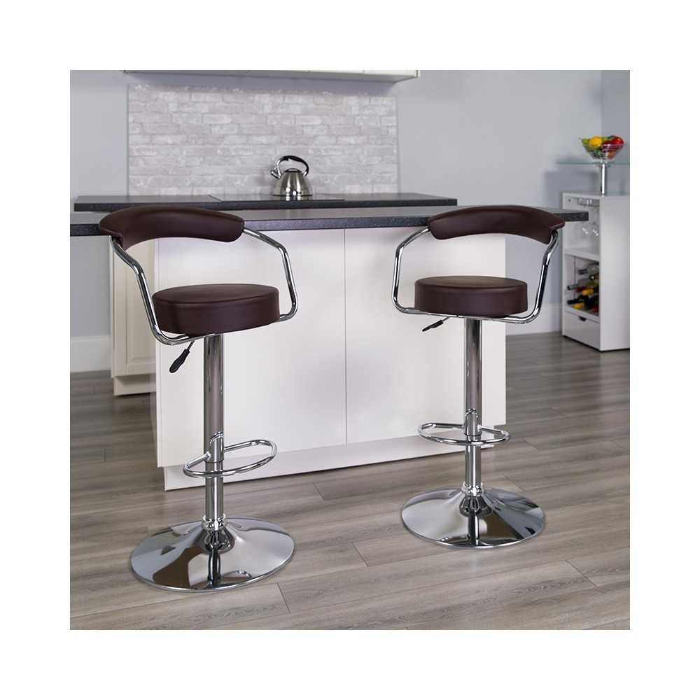 Contemporary Brown Vinyl Adjustable Height Barstool with Arms and Chrome Base