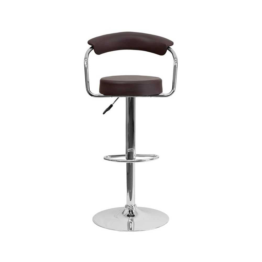 Contemporary Brown Vinyl Adjustable Height Barstool with Arms and Chrome Base