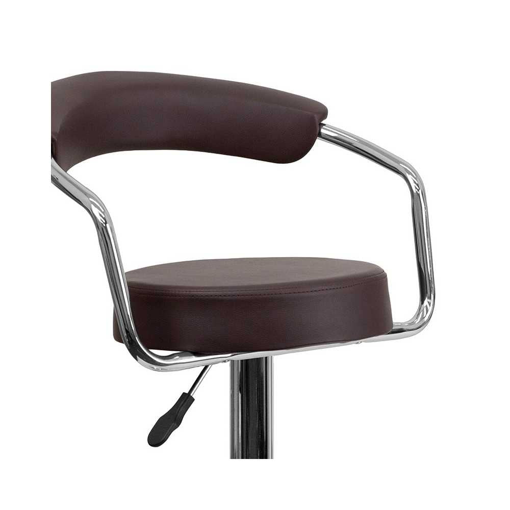 Contemporary Brown Vinyl Adjustable Height Barstool with Arms and Chrome Base