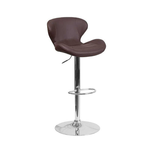 Contemporary Brown Vinyl Adjustable Height Barstool with Curved Back and Chrome Base