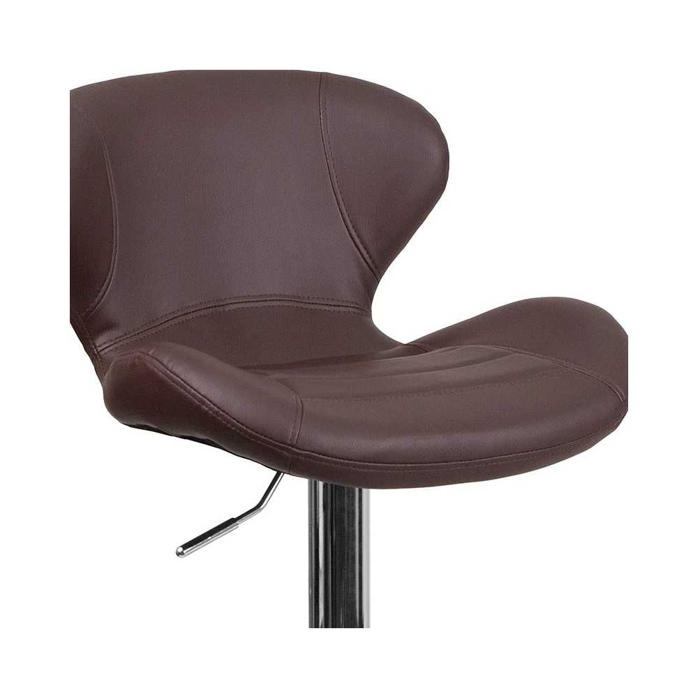 Contemporary Brown Vinyl Adjustable Height Barstool with Curved Back and Chrome Base