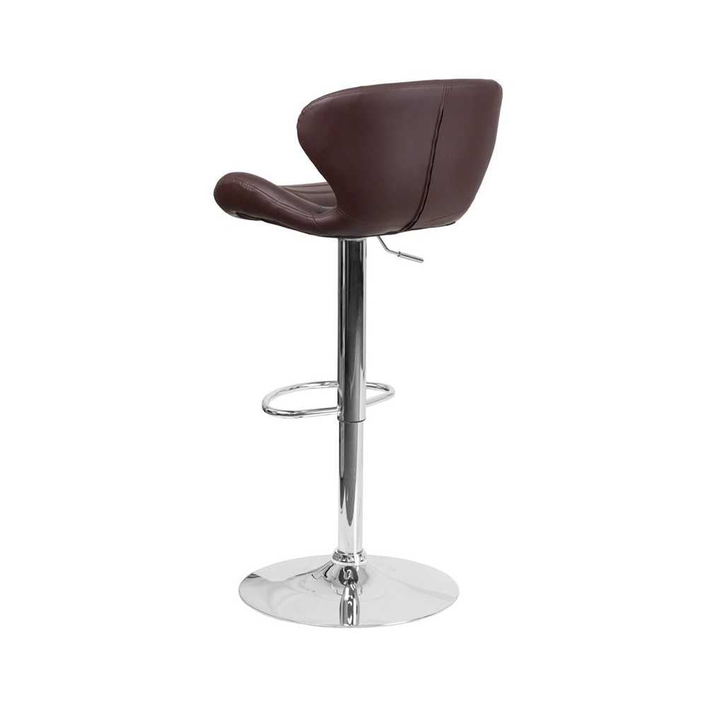 Contemporary Brown Vinyl Adjustable Height Barstool with Curved Back and Chrome Base