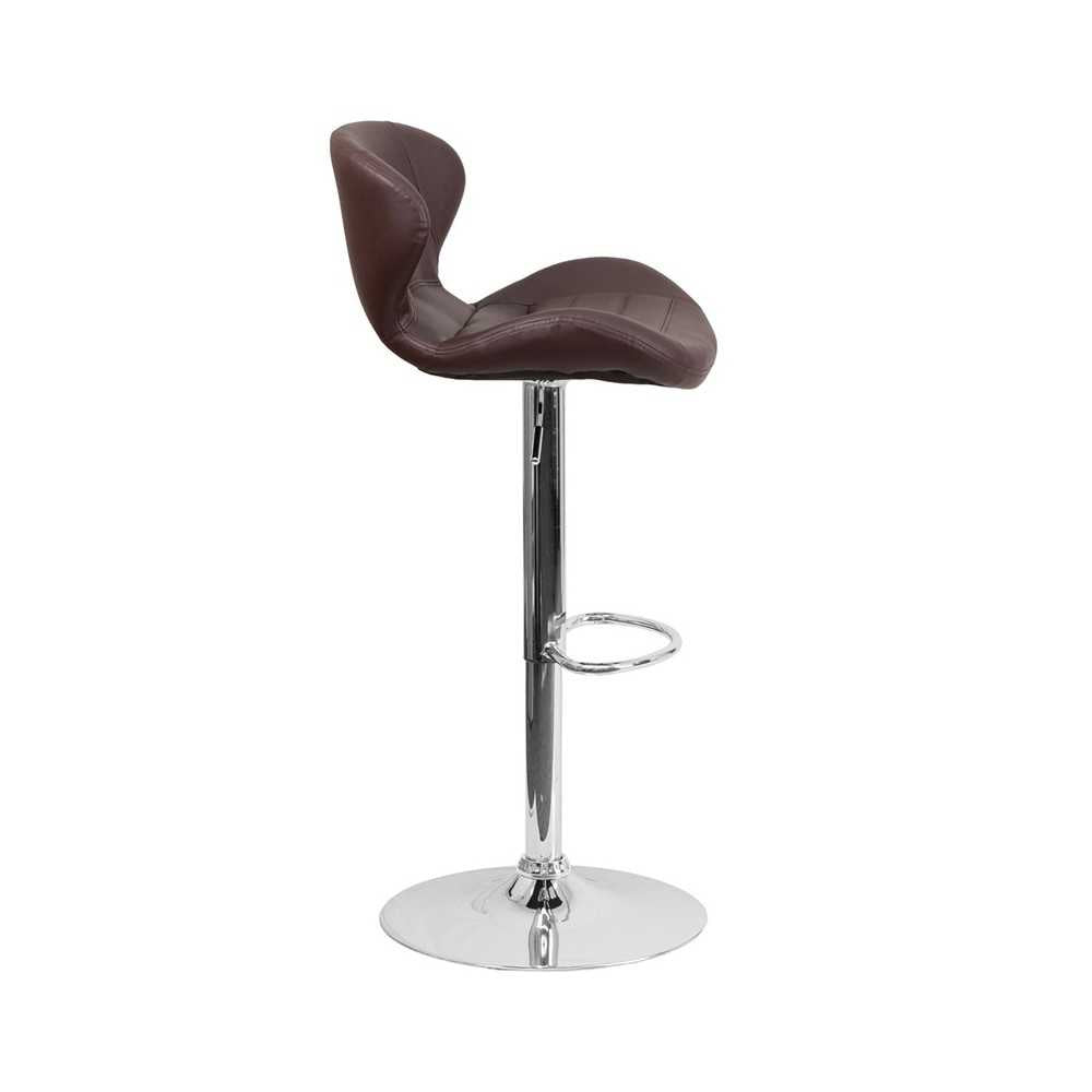 Contemporary Brown Vinyl Adjustable Height Barstool with Curved Back and Chrome Base