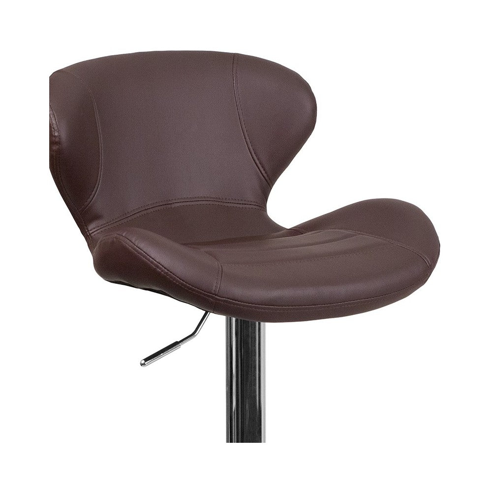 Contemporary Brown Vinyl Adjustable Height Barstool with Curved Back and Chrome Base