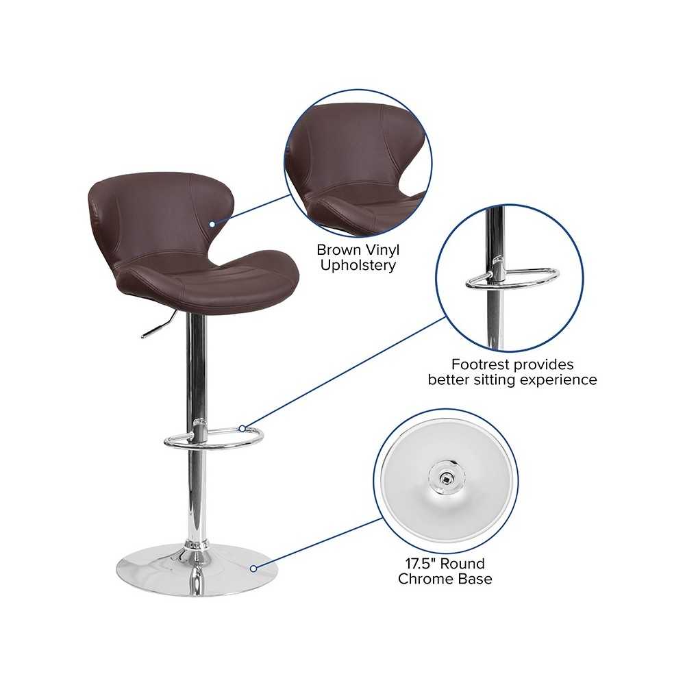 Contemporary Brown Vinyl Adjustable Height Barstool with Curved Back and Chrome Base