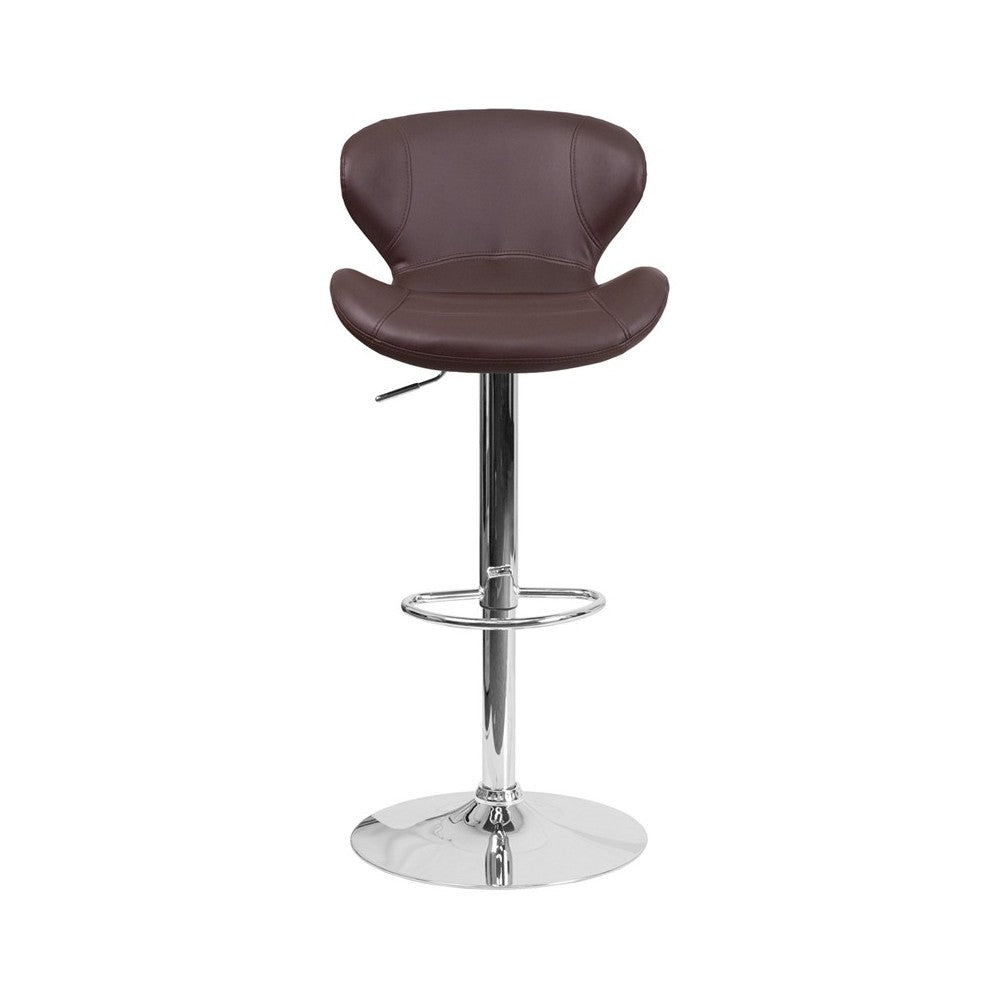 Contemporary Brown Vinyl Adjustable Height Barstool with Curved Back and Chrome Base