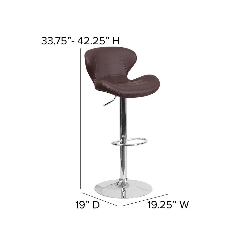 Contemporary Brown Vinyl Adjustable Height Barstool with Curved Back and Chrome Base