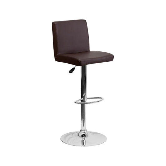 Contemporary Brown Vinyl Adjustable Height Barstool with Panel Back and Chrome Base