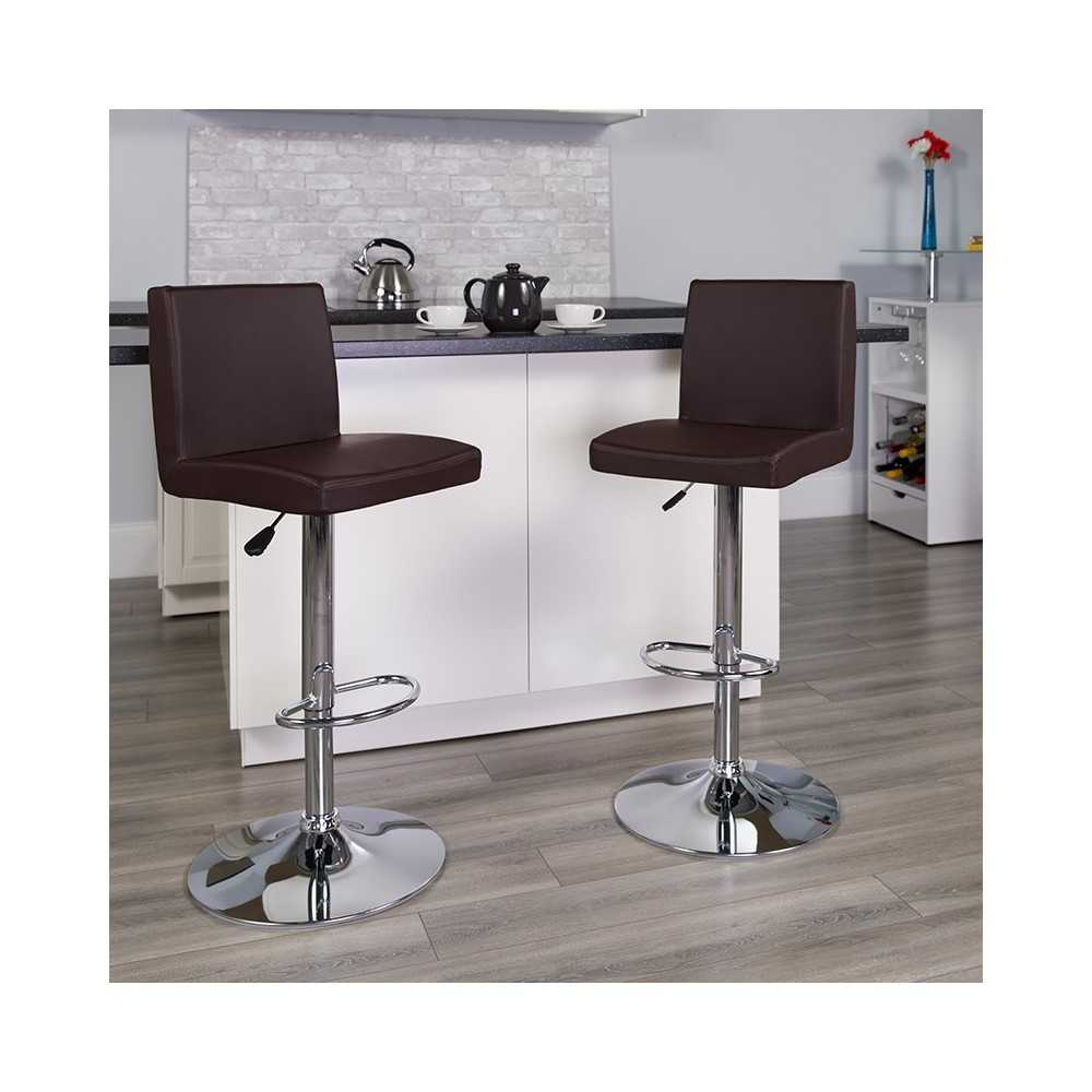 Contemporary Brown Vinyl Adjustable Height Barstool with Panel Back and Chrome Base