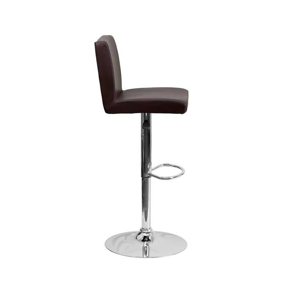 Contemporary Brown Vinyl Adjustable Height Barstool with Panel Back and Chrome Base