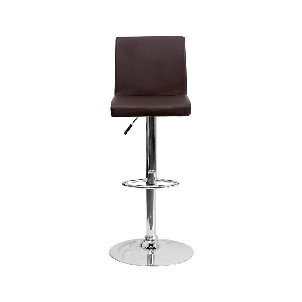 Contemporary Brown Vinyl Adjustable Height Barstool with Panel Back and Chrome Base