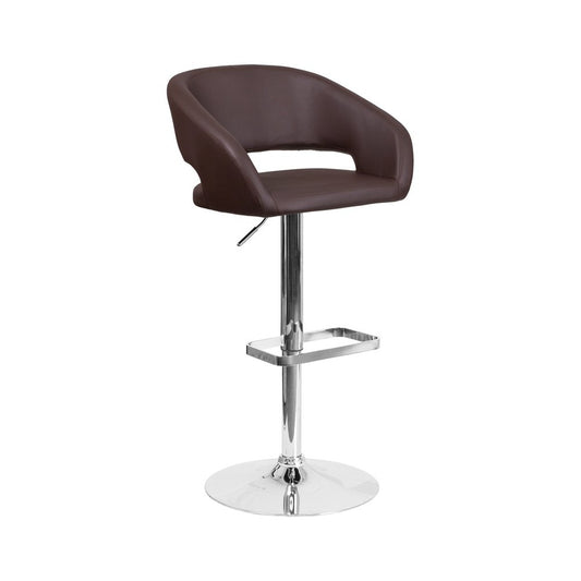 Contemporary Brown Vinyl Adjustable Height Barstool with Rounded Mid-Back and Chrome Base