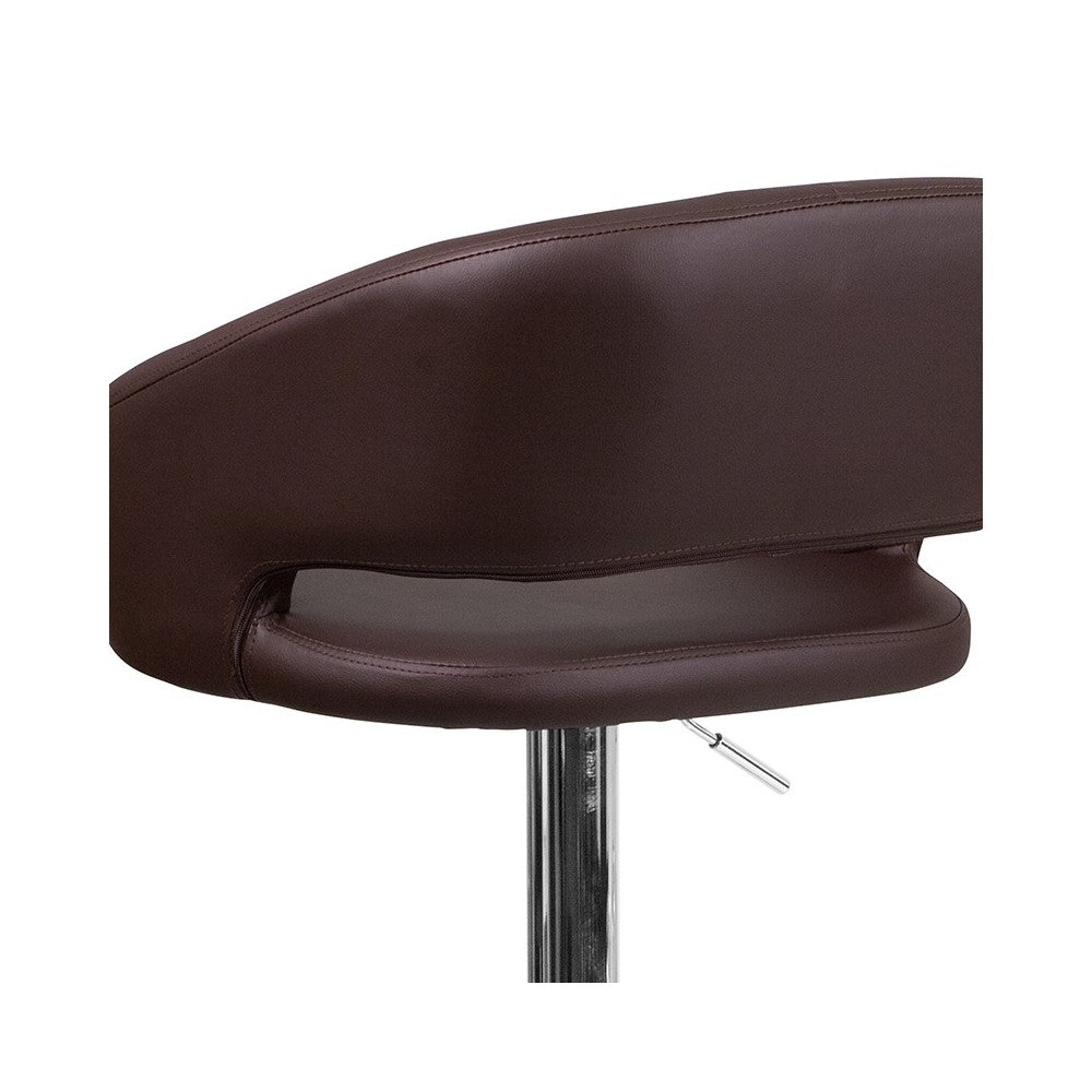 Contemporary Brown Vinyl Adjustable Height Barstool with Rounded Mid-Back and Chrome Base