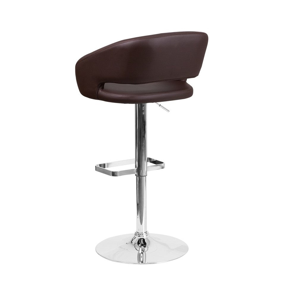Contemporary Brown Vinyl Adjustable Height Barstool with Rounded Mid-Back and Chrome Base