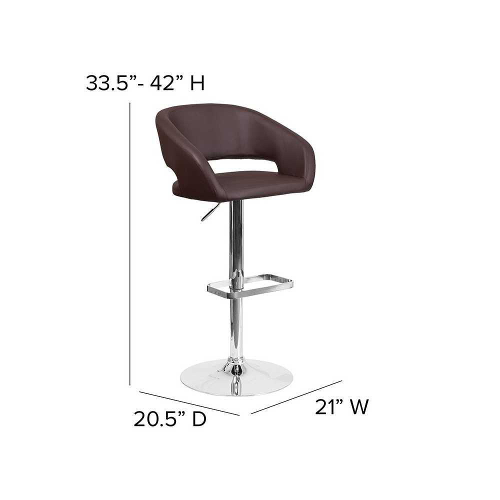 Contemporary Brown Vinyl Adjustable Height Barstool with Rounded Mid-Back and Chrome Base