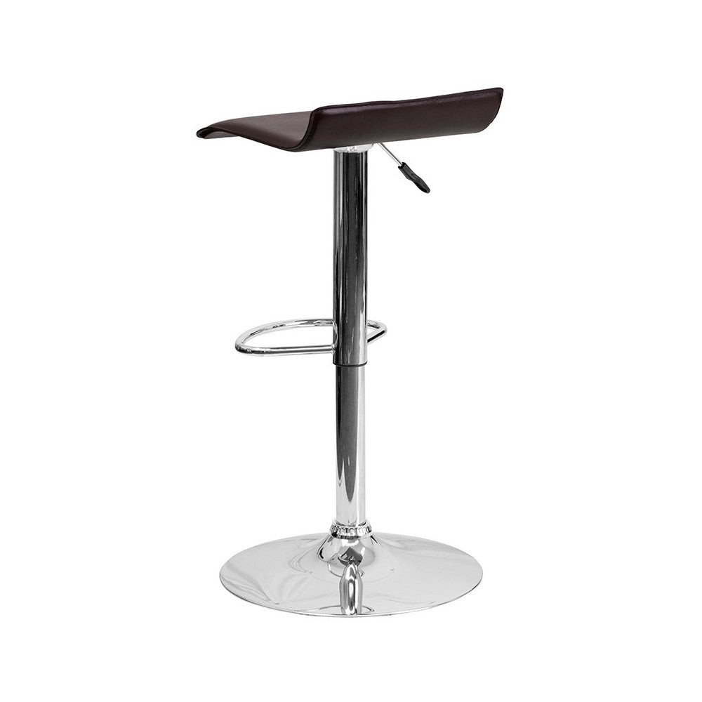 Contemporary Brown Vinyl Adjustable Height Barstool with Solid Wave Seat and Chrome Base