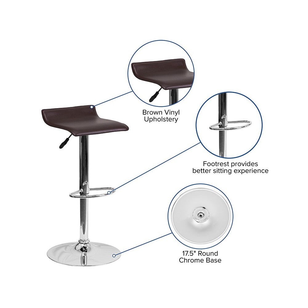 Contemporary Brown Vinyl Adjustable Height Barstool with Solid Wave Seat and Chrome Base