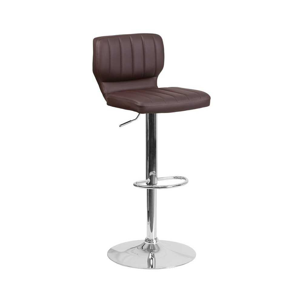 Contemporary Brown Vinyl Adjustable Height Barstool with Vertical Stitch Back and Chrome Base