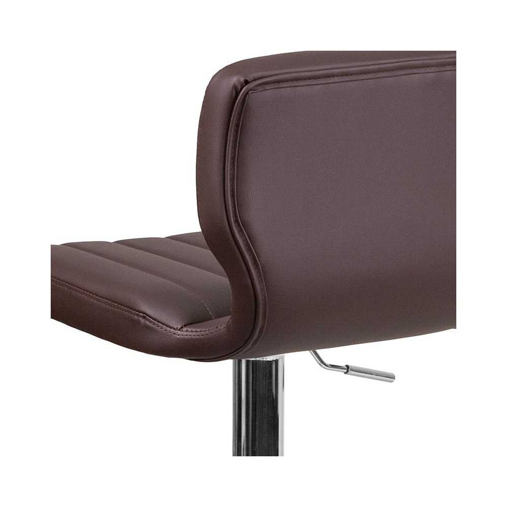 Contemporary Brown Vinyl Adjustable Height Barstool with Vertical Stitch Back and Chrome Base