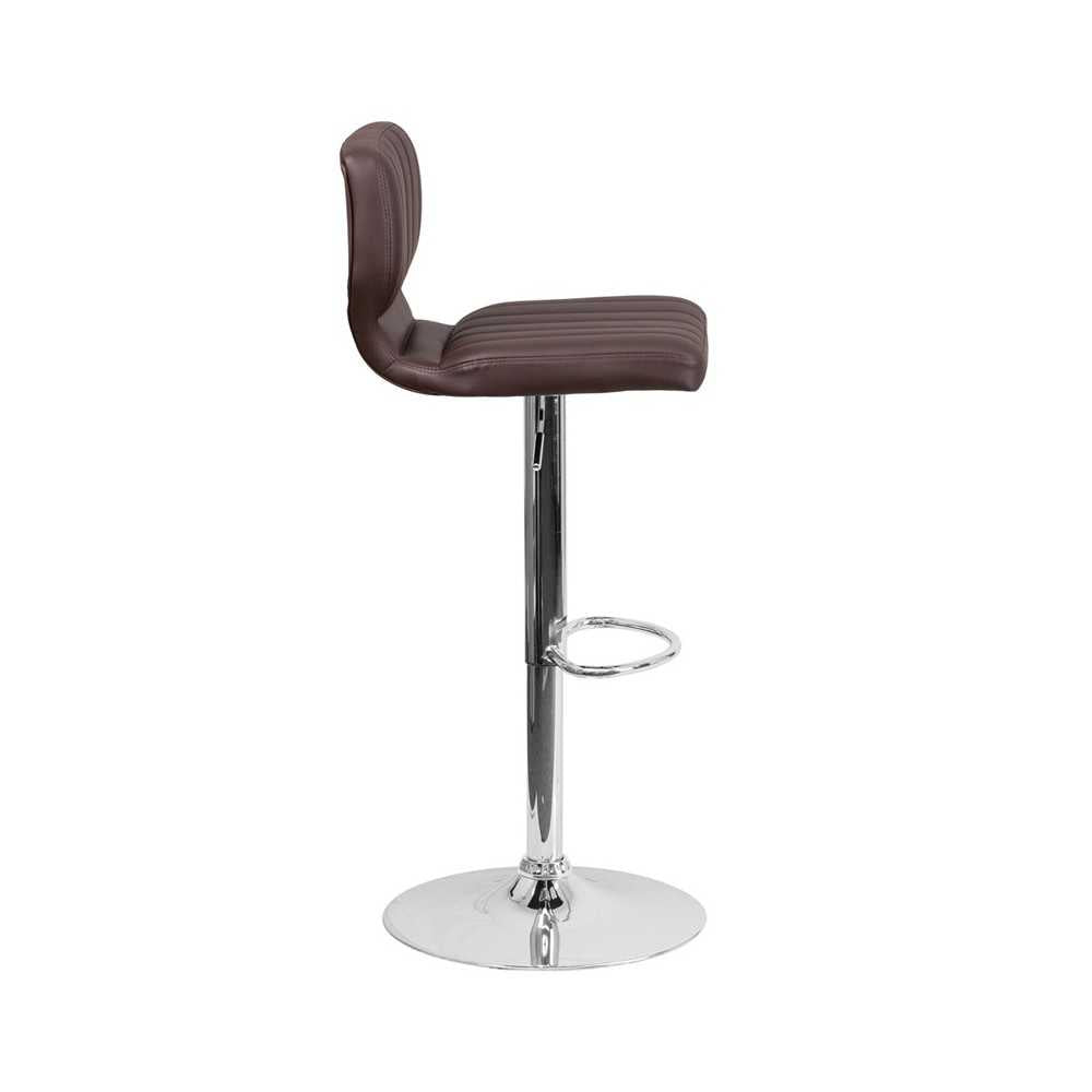 Contemporary Brown Vinyl Adjustable Height Barstool with Vertical Stitch Back and Chrome Base