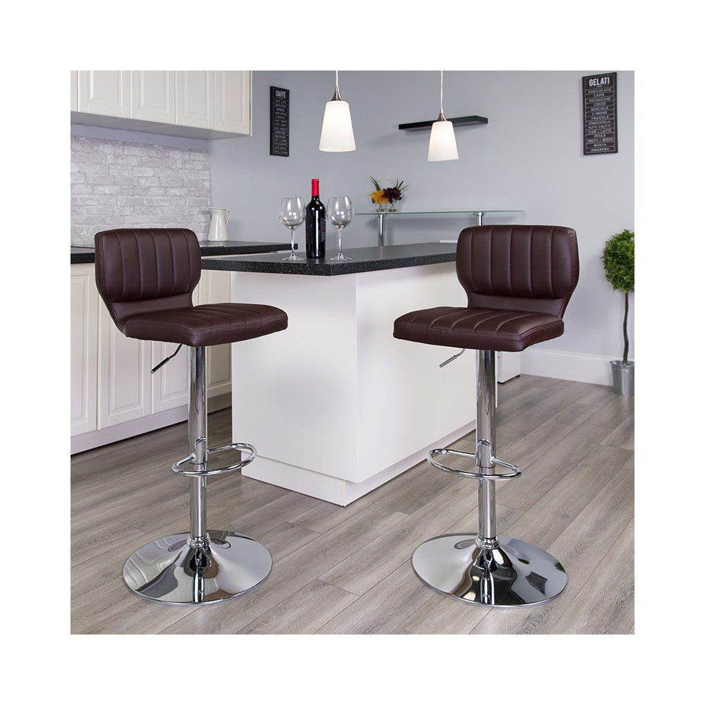 Contemporary Brown Vinyl Adjustable Height Barstool with Vertical Stitch Back and Chrome Base