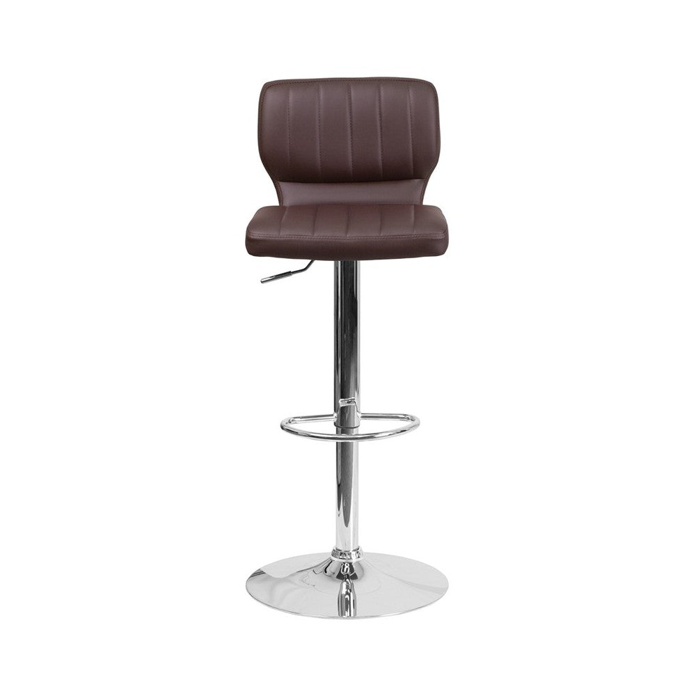Contemporary Brown Vinyl Adjustable Height Barstool with Vertical Stitch Back and Chrome Base