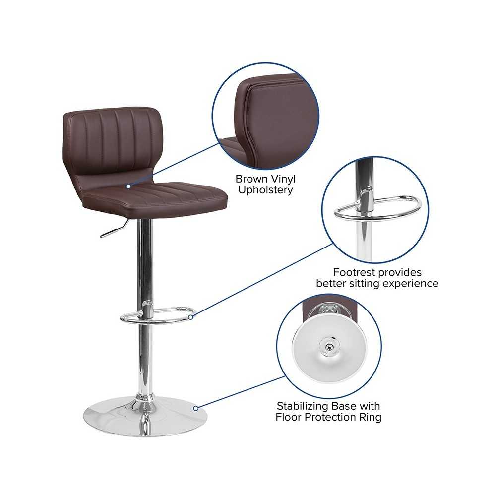 Contemporary Brown Vinyl Adjustable Height Barstool with Vertical Stitch Back and Chrome Base