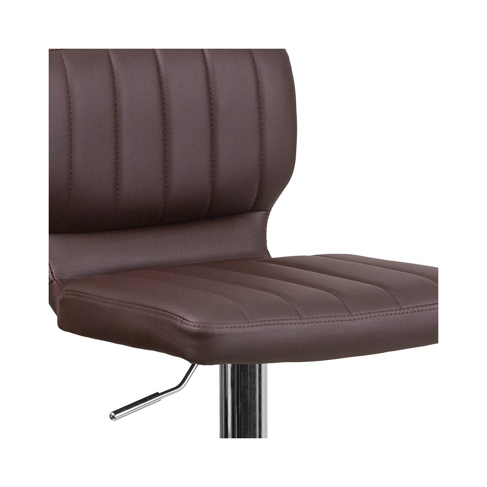 Contemporary Brown Vinyl Adjustable Height Barstool with Vertical Stitch Back and Chrome Base