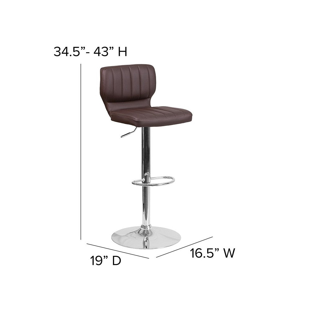 Contemporary Brown Vinyl Adjustable Height Barstool with Vertical Stitch Back and Chrome Base