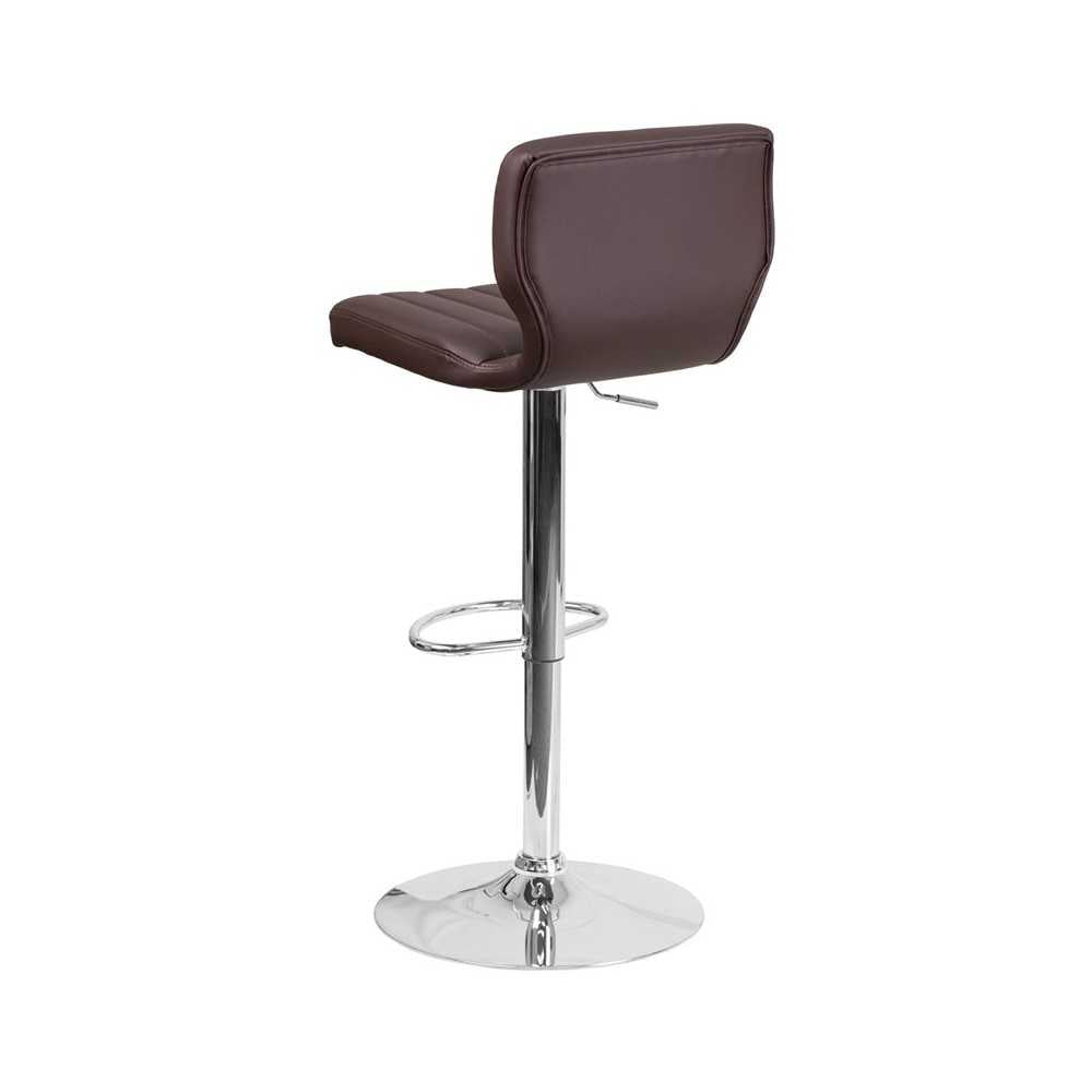 Contemporary Brown Vinyl Adjustable Height Barstool with Vertical Stitch Back and Chrome Base