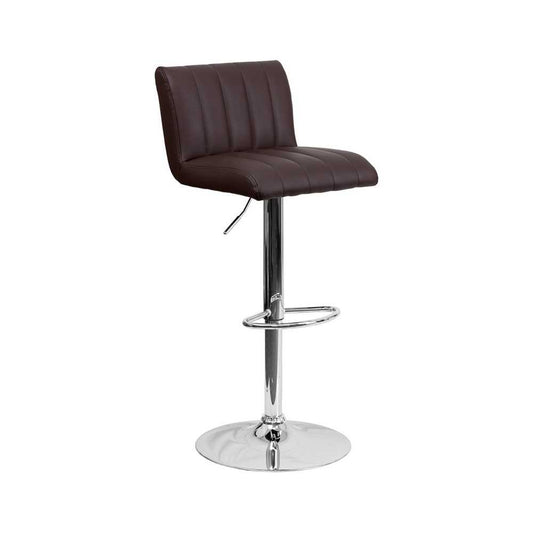 Contemporary Brown Vinyl Adjustable Height Barstool with Vertical Stitch Back/Seat and Chrome Base